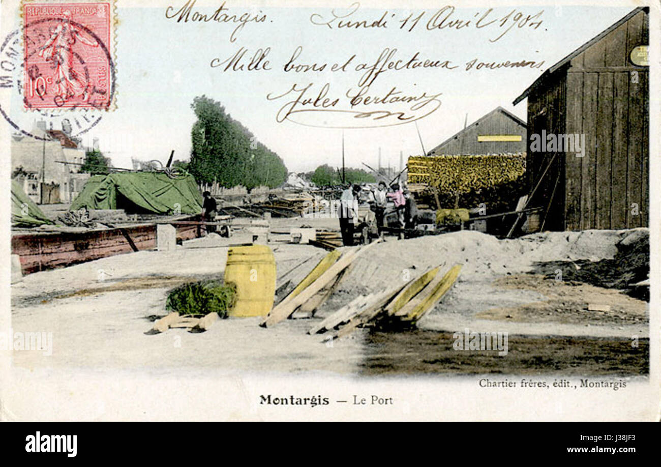 Un riferimento al porto di Montargis, situato in Francia, noto per il suo significato nelle storiche reti commerciali e di trasporto dell'regionÂ durante il XIX e XX secolo. Foto Stock