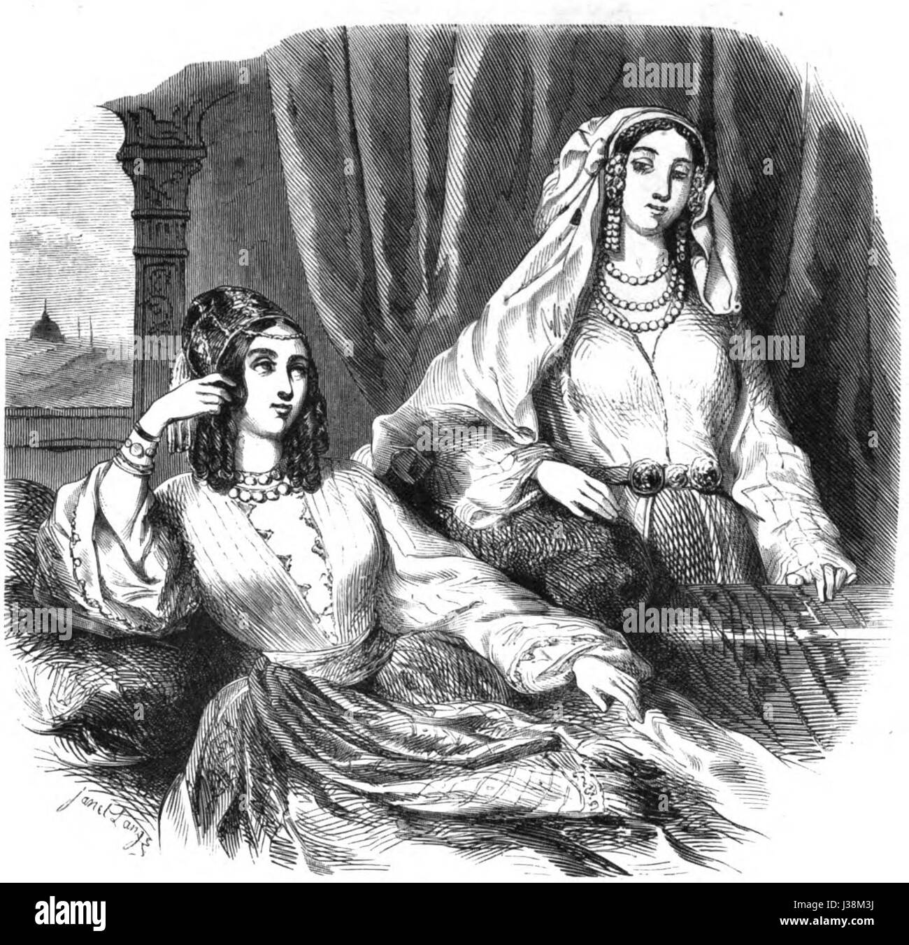 L'immagine intitolata "Dammes valaques en costumes orientaux" raffigura donne rumene in abito tradizionale del XIX secolo, con influenze orientali sui loro vestiti. Ciò riflette le interazioni culturali tra la regione e l'Oriente durante quel periodo. Foto Stock