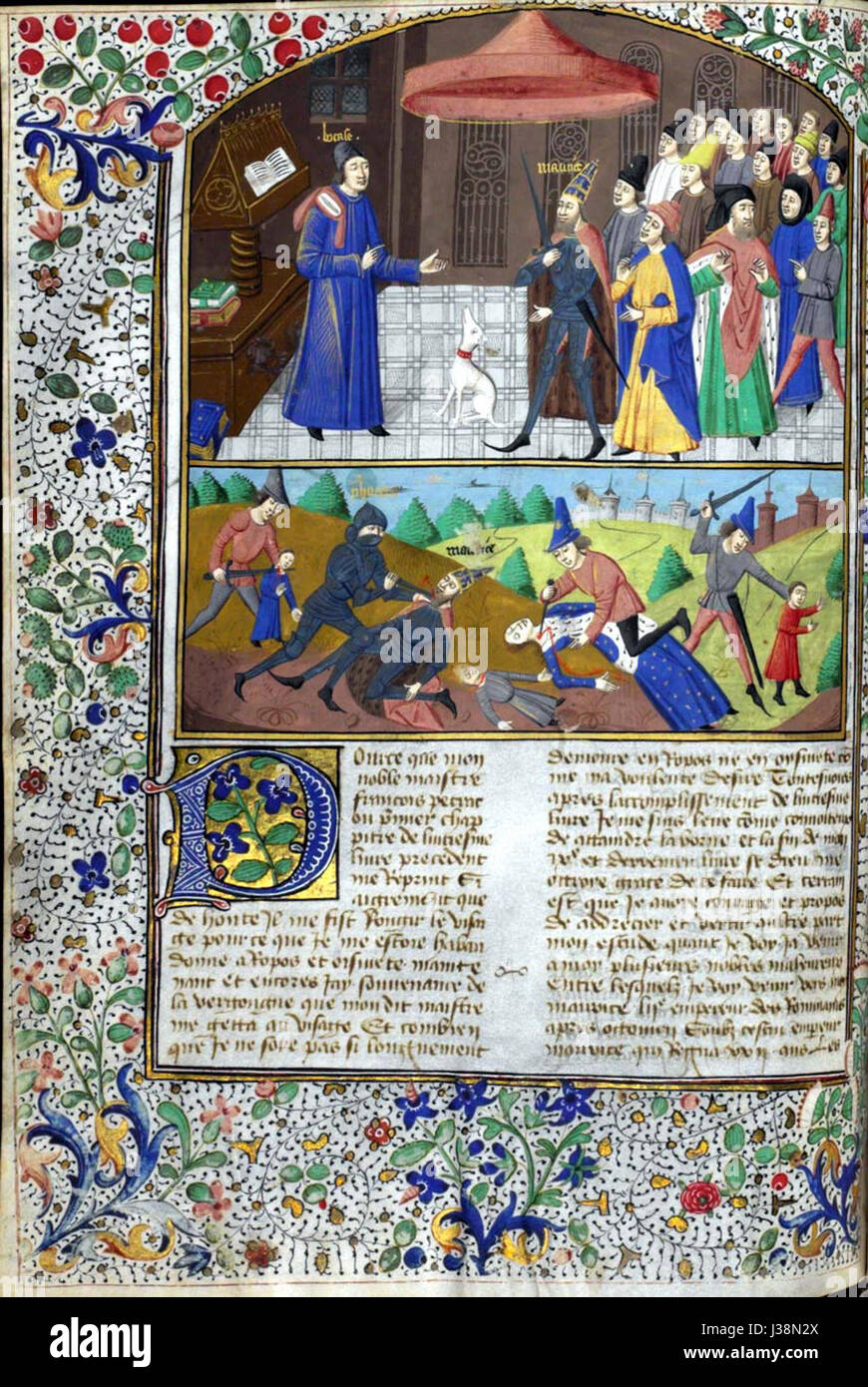 "De casibus" si riferisce a un'opera storica, spesso intitolata "De casibus virorum illustrium" di Giovanni Boccaccio, incentrata sulla vita di uomini famosi e sulle loro fortune. Questo particolare riferimento può indicare una parte o un'edizione specifica dell'opera che mette in luce l'ascesa e la caduta di figure importanti nella storia. Foto Stock