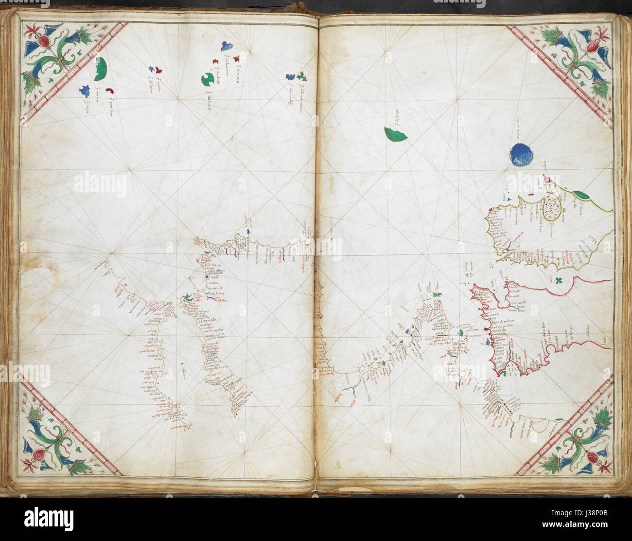 Grafico delle coste di Irlanda, la maggior parte della Gran Bretagna, Francia, Portogallo e lo Stretto di Gibilterra, con delle Azzorre e di Madera Cornaro Atlas (Egerton MS 73, f.14r) Foto Stock