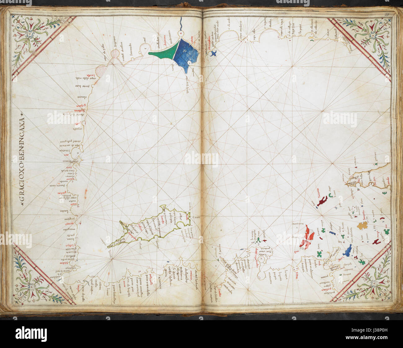 Grafico del Mediterraneo, compresa la metà orientale di Creta Cornaro Atlas (Egerton MS 73, f.21r) Foto Stock