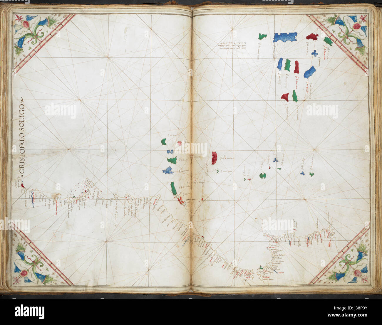 Grafico della costa occidentale dell Africa a nord di Capo Verde, con le isole di Capo Verde e delle Azzorre e della costa occidentale della Spagna e del Portogallo Cornaro Atlas (Egerton MS 73, f.30r) Foto Stock