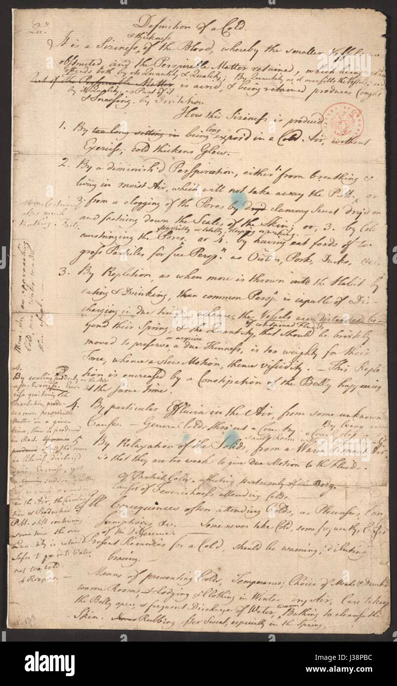 Questa pagina presenta il lavoro di Benjamin Franklinâ sulla "definizione di un freddo", dove discute la natura dei raffreddori e i loro effetti sul corpo umano. Gli scritti di Franklinâ mescolano spesso l'osservazione scientifica con consigli di buon senso. Foto Stock