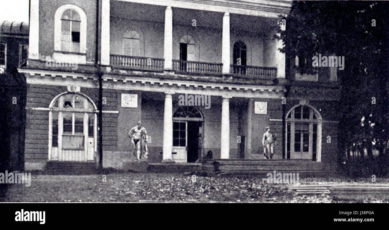 La Dacha Stroganova, una notevole casa di campagna situata in Russia, era associata alla famiglia Stroganov. Costruito nel XX secolo, riflette gli stili architettonici russi del periodo e il suo significato nella storia culturale. Foto Stock