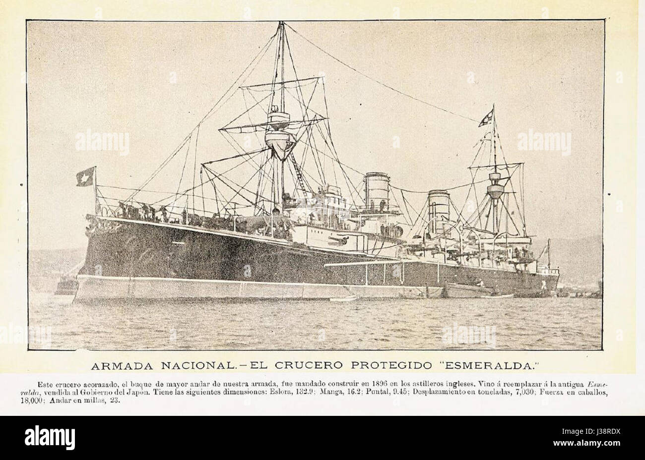 "Crucero Protegido Esmeralda" si riferisce a un'area protetta o a una nave chiamata Esmeralda. Probabilmente si riferisce al significato marittimo storico, probabilmente associato alla marina spagnola o all'esplorazione marittima durante l'età della vela. Foto Stock