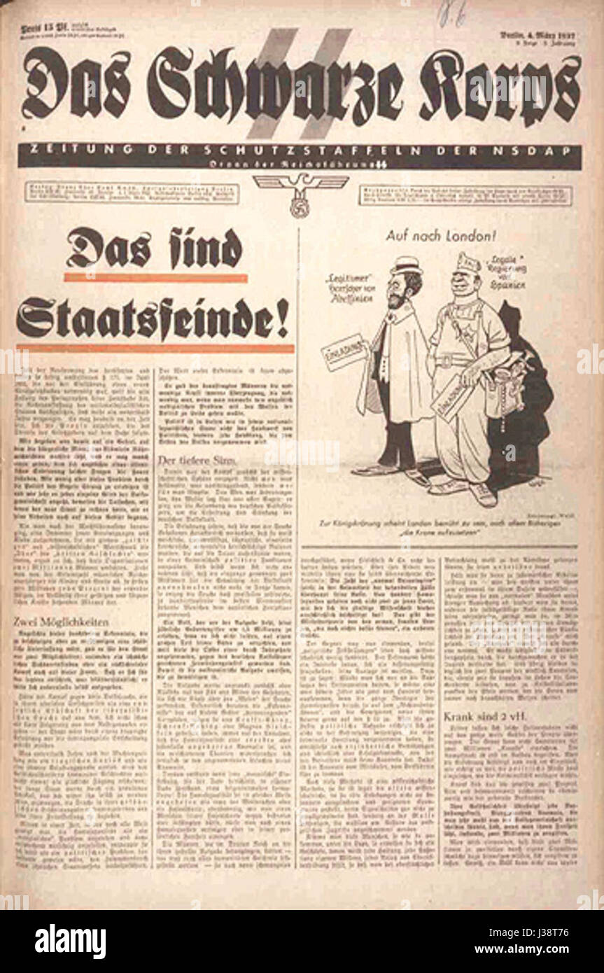 DAS Schwarze Korps è stato il giornale ufficiale delle SS nella Germania nazista, pubblicato per la prima volta nel 1935. Fu usato per diffondere l'ideologia nazista e la propaganda, e la sua pubblicazione nel 1937 faceva parte di questo sforzo. Foto Stock