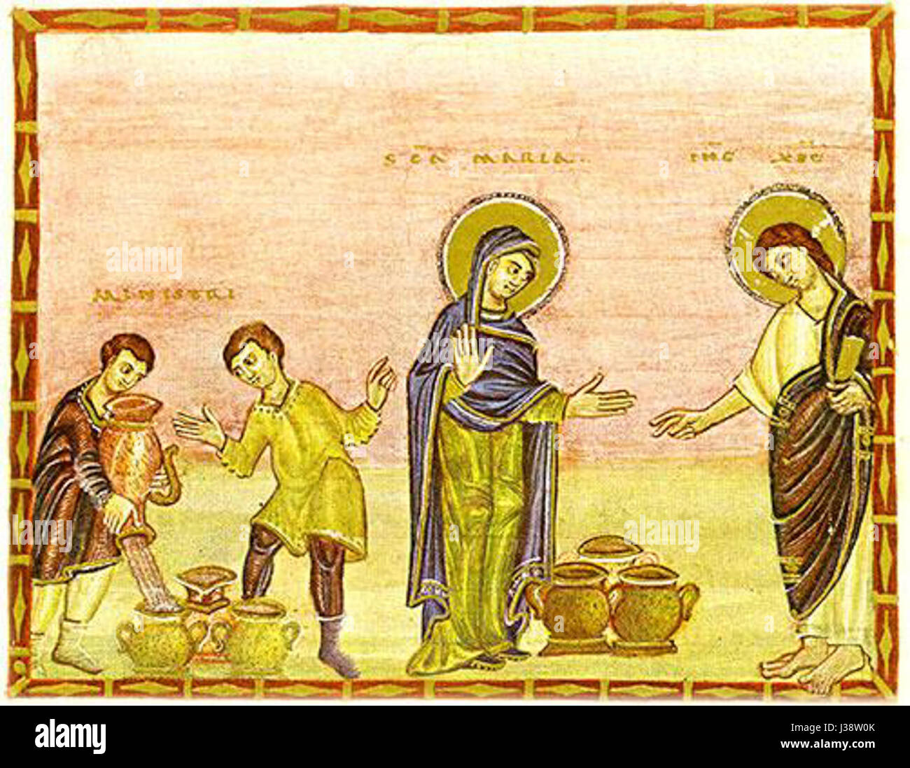 Il Codex Egberti è un manoscritto miniato del IX secolo, contenente scene bibliche, tra cui il matrimonio a Cana, raffigurato con intricati dettagli. Foto Stock