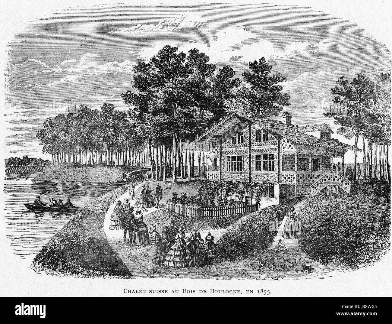 Lo "Chalet suisse" di Bois de Boulogne, Parigi, dal 1855, è un esempio di architettura in stile svizzero nel cuore della città francese. Il suo design presenta elementi caratteristici degli chalet alpini, che riflettono influenze architettoniche interculturali durante il XIX secolo. Foto Stock