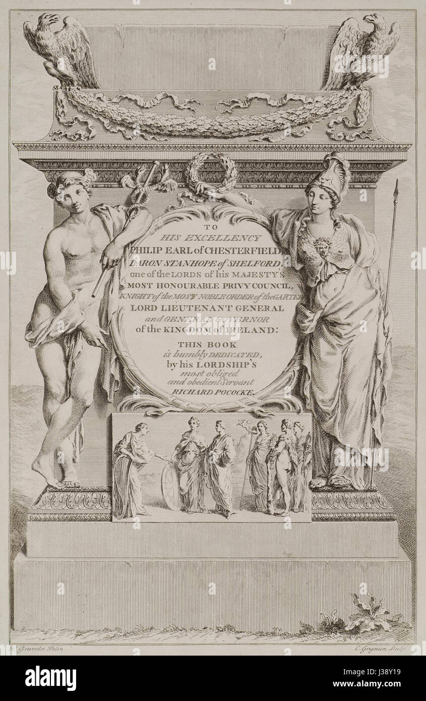 Questo lavoro, composto da Richard Pococke nel 1745, include figure mitologiche come Hermes e Athens, dedicate a Filippo, conte di Chesterfield, esplorando temi classici e rappresentazioni artistiche degli dei. Foto Stock