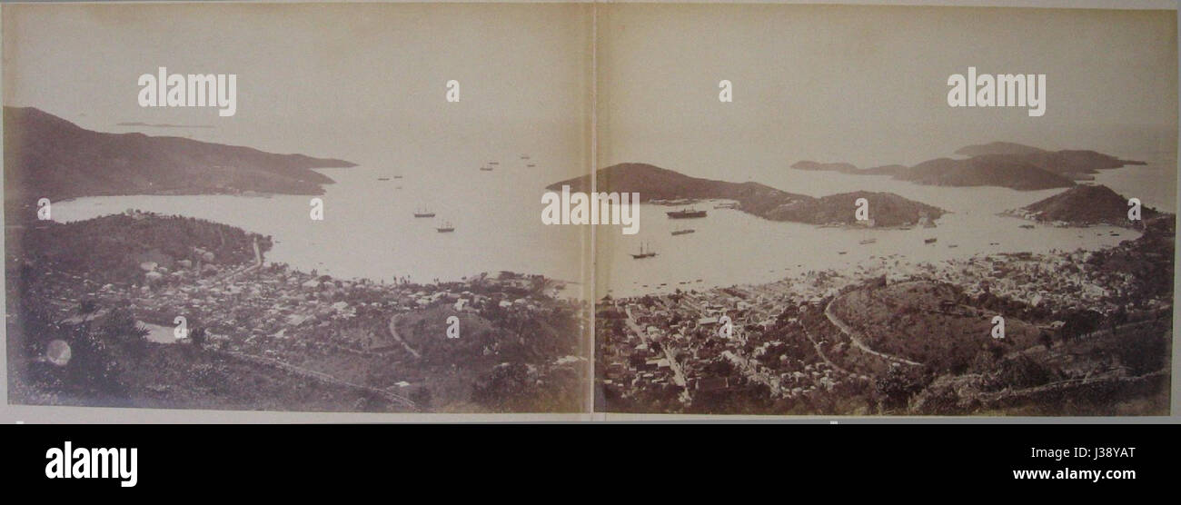 Il panorama di Charlotte Amalie offre una vista panoramica della capitale delle Isole Vergini americane, con il suo porto, l'architettura storica e i dintorni tropicali. Questa vista è popolare per la sua rappresentazione della bellezza costiera della città. Foto Stock