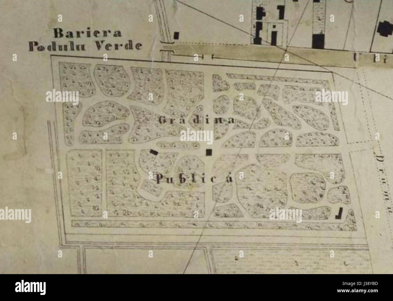 Copou Park, situato a IaÈ™i, Romania, è un parco storico noto per il suo significato culturale. Lo schizzo del 1857 rappresenta una prima rappresentazione del parco, che mostra la sua disposizione e importanza storica nel XIX secolo. Foto Stock