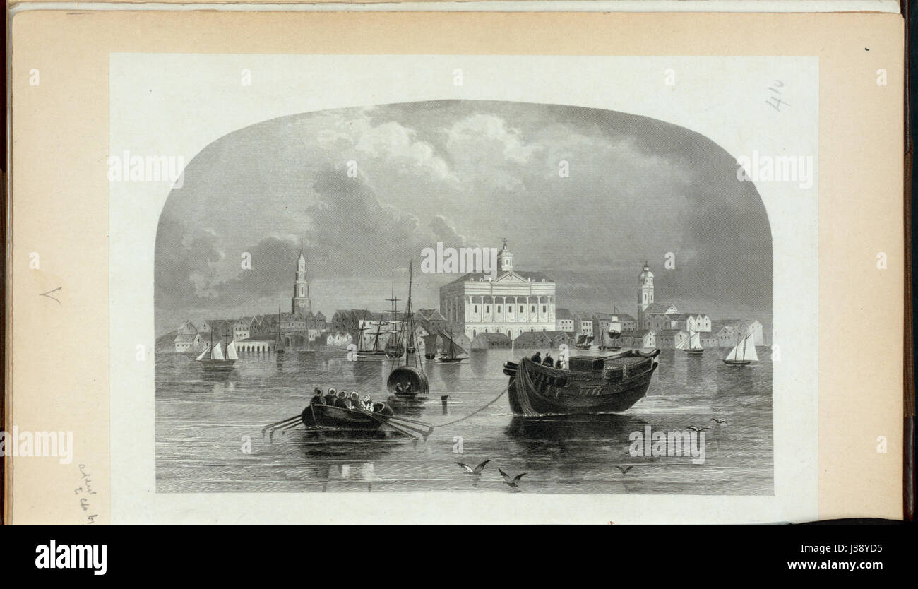 Questa rappresentazione storica di Charleston, Carolina del Sud, nel 1780 mette in evidenza il paesaggio architettonico e sociale della città durante la rivoluzione americana. Foto Stock