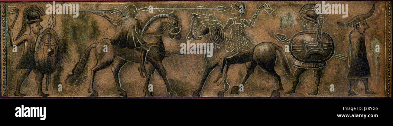 Una cromolitografia che riproduce un'immagine di una cintura della cultura di Hallstatt, illustrando l'intricato design e la maestria artigianale dei manufatti della prima età del ferro. Foto Stock