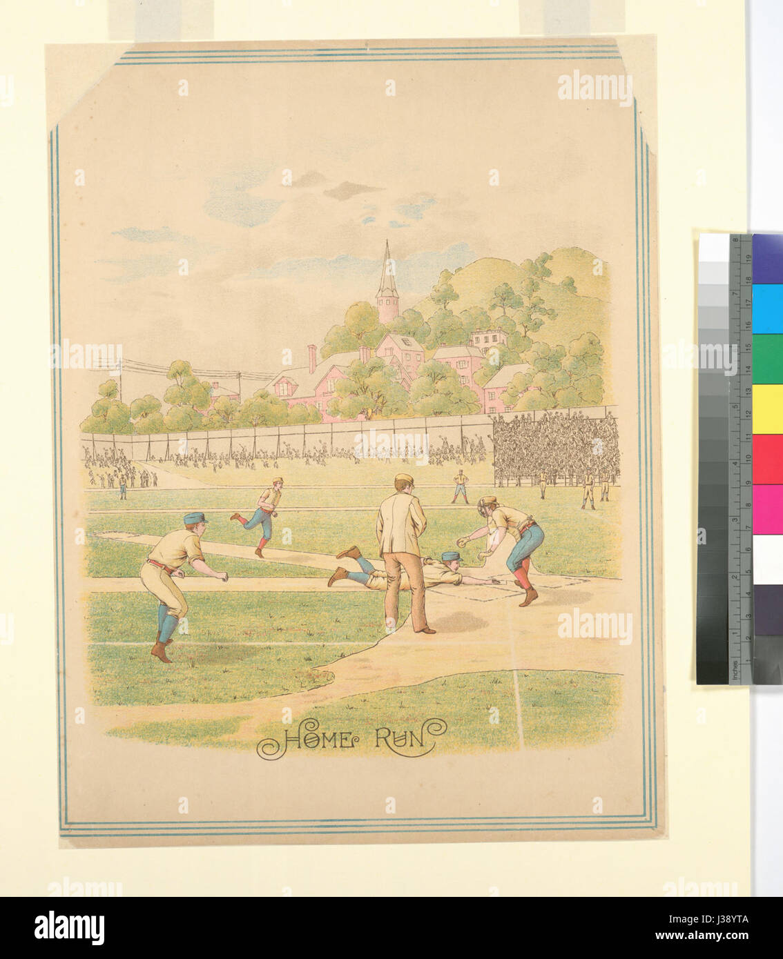 Questo grafico a colori cattura un momento nel baseball, in particolare un fuoricampo, fornendo una rappresentazione visiva dell'azione. L'immagine è un'opera d'arte sportiva che mette in risalto il movimento e l'emozione del gioco. Foto Stock