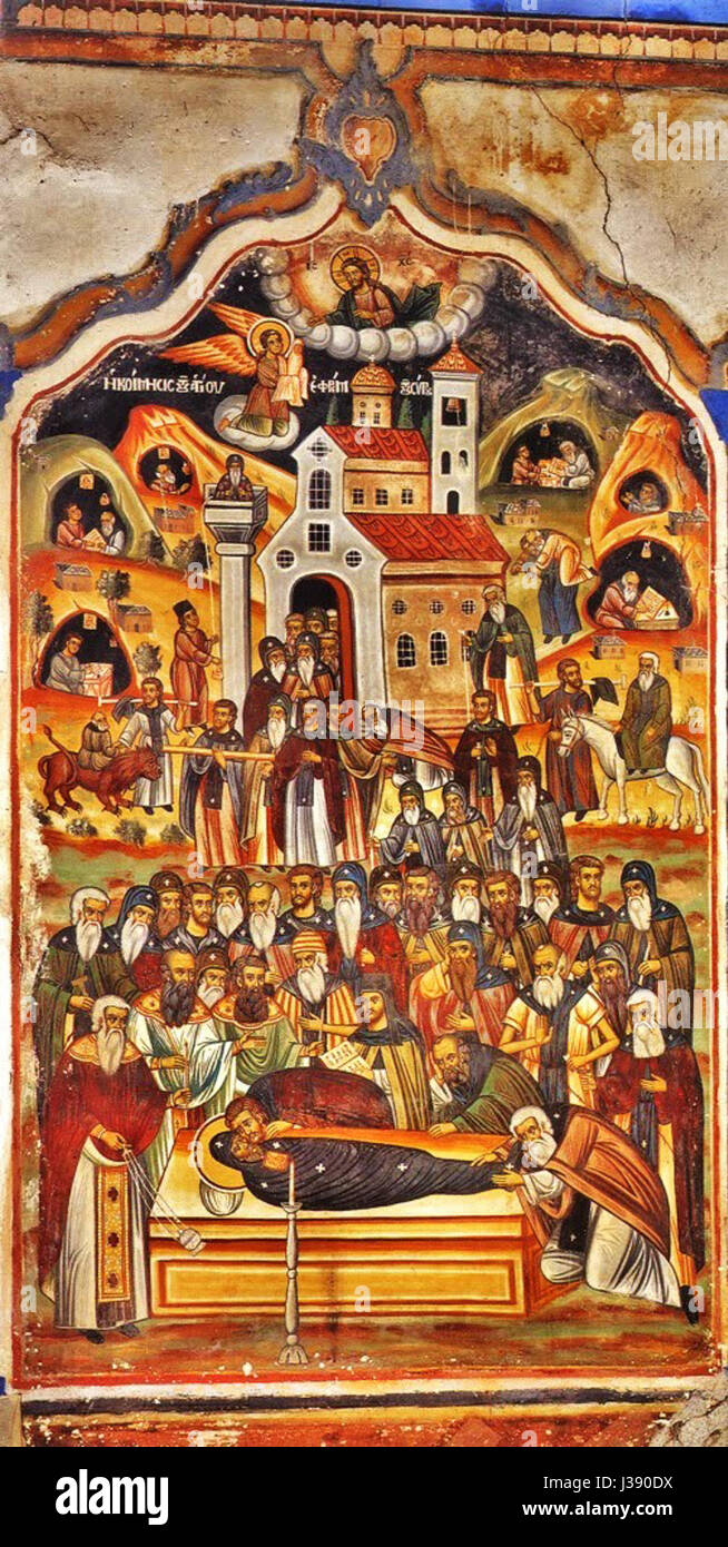 Questo dipinto ritrae la morte di Sant'Efraim di Siro, venerato santo cristiano, raffigurato nella sala da pranzo Vatopedan. L'opera d'arte cattura un significativo momento religioso nella tradizione cristiana orientale. Foto Stock