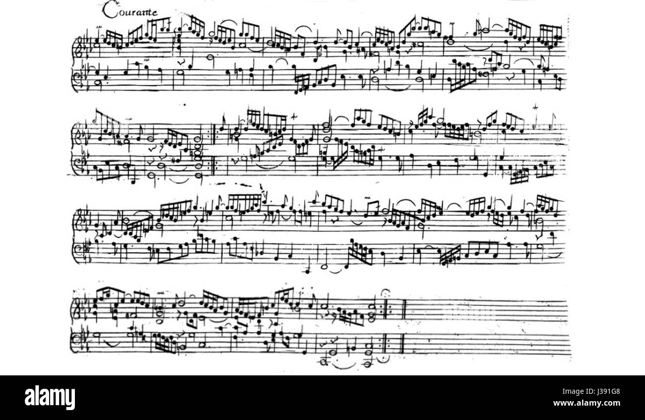 "Courante" di J.S. Bachâ€™S BWV 826 è una composizione di musica classica che fa parte della sua Suite francese No. 2. Il pezzo è una danza vivace e ritmica del tempo 3/4, che mostra lo stile barocco e la precisione musicale di Bachâ. Foto Stock