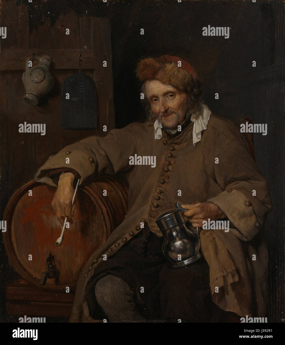 "De oude drinker" è un dipinto ospitato al Rijksmuseum di Amsterdam, che raffigura un uomo anziano che beve, che è notevole per la sua rappresentazione realistica dell'età e del carattere. Questa opera fa parte della collezione museumâ€ ™ di arte olandese del secolo d'oro. Foto Stock