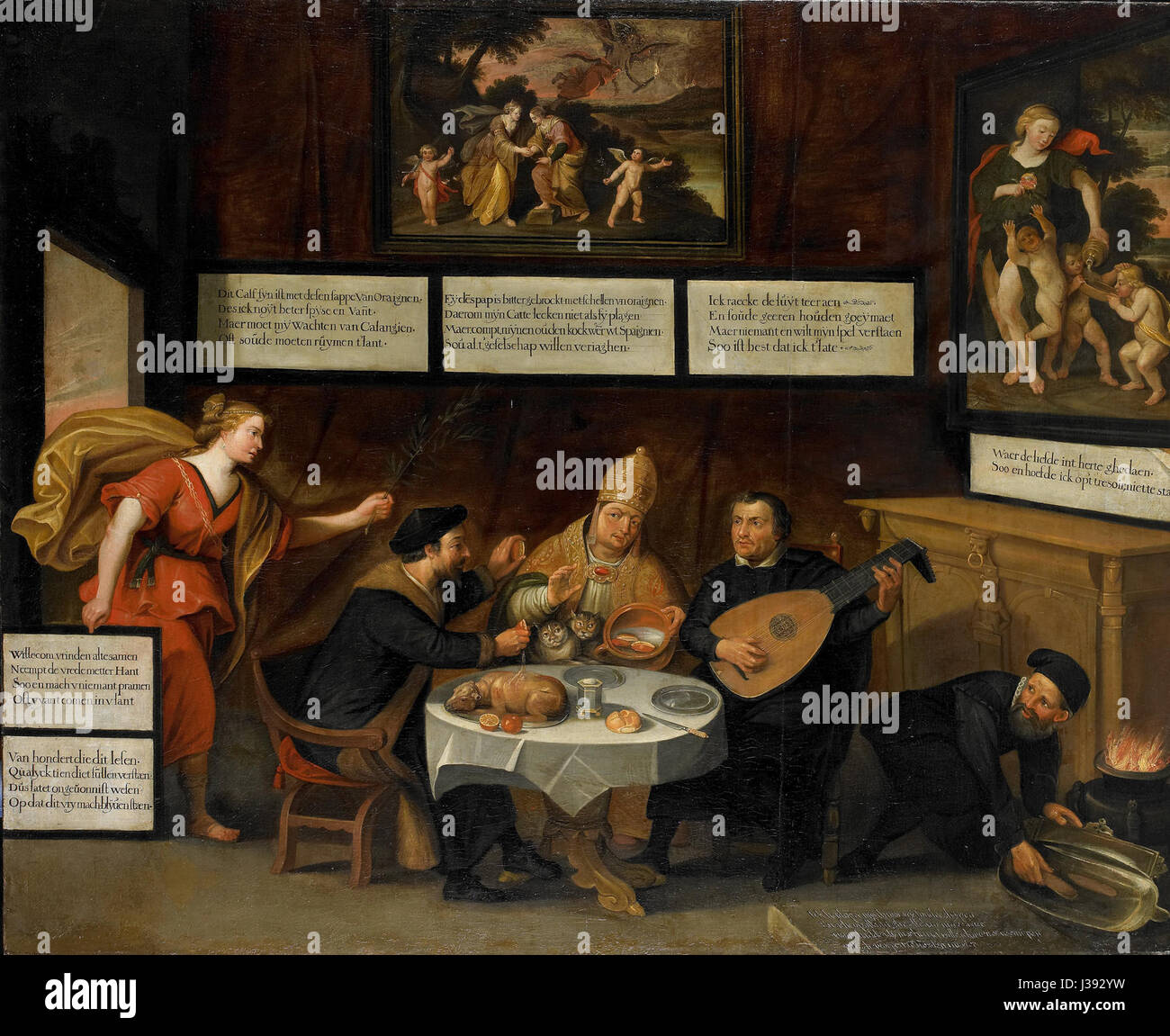 De Vrede maant de kerken tot verdraagzaamheid (la pace esorta le chiese alla tolleranza) è un'opera d'arte ospitata nel Rijksmuseum, che illustra l'appello alla pace e alla tolleranza religiosa in un contesto storico. Foto Stock