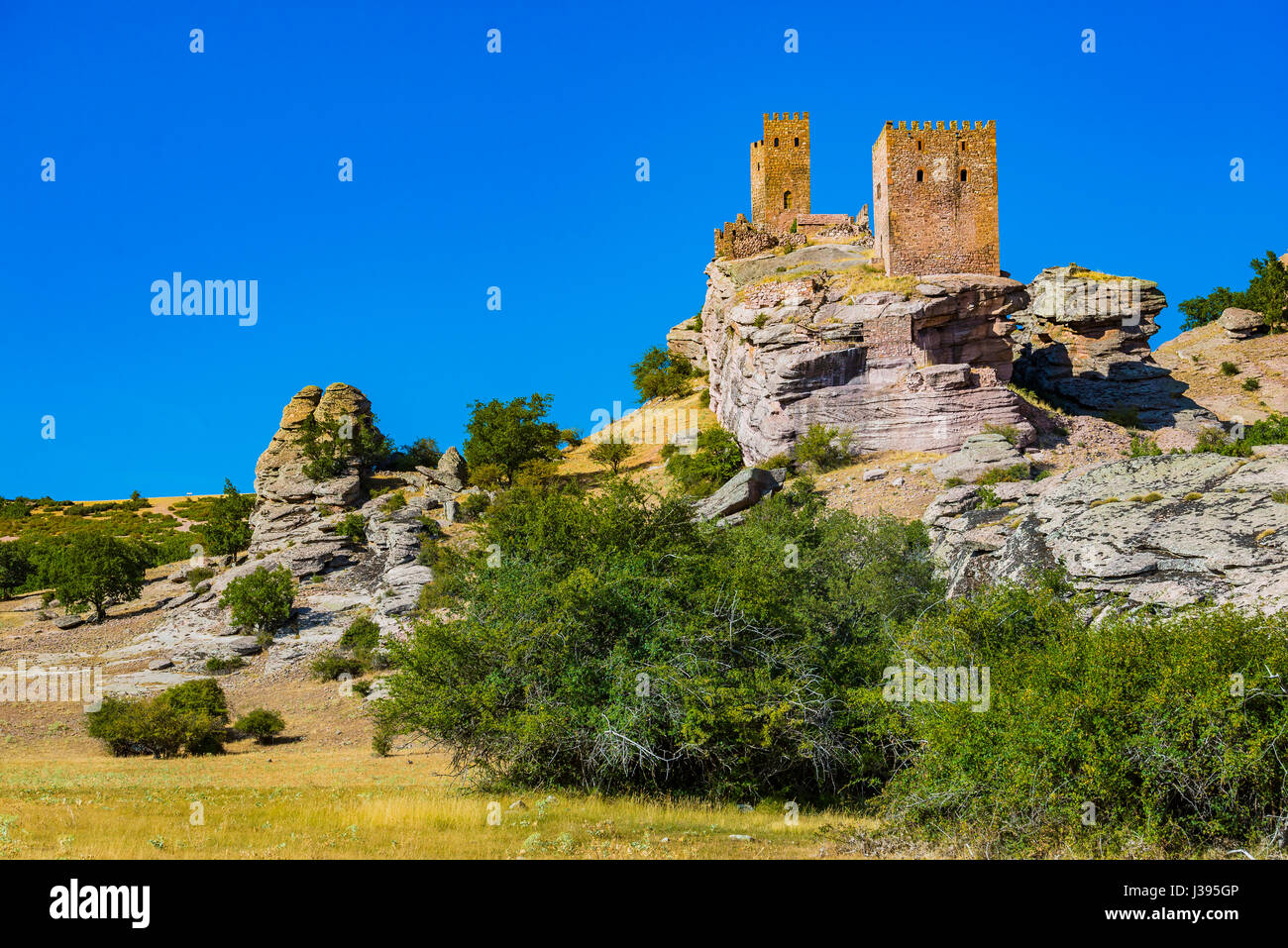 Castello di Zafra. Gioco di troni, Torre di gioia. Hombrados, Campillo de Dueñas, Guadalajara, Castilla La Mancha, in Spagna, Europa Foto Stock