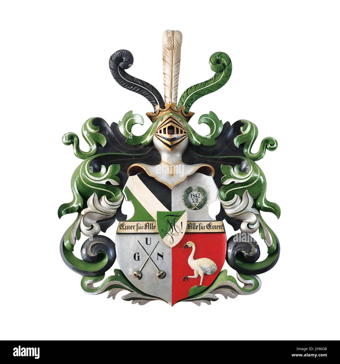 Il Corps Montania Leoben è un corpo studentesco tradizionale tedesco, con sede a Leoben, in Austria. Il suo stemma rappresenta il suo significato storico e culturale, riflettendo il ricco patrimonio dell'università e la tradizione delle organizzazioni studentesche. Foto Stock