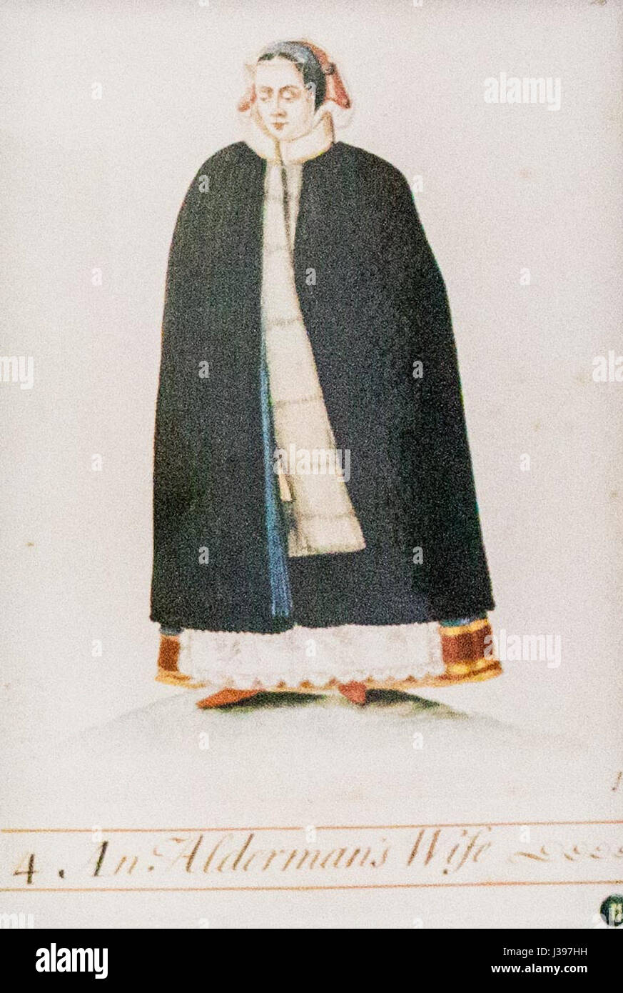 Questa illustrazione raffigura il costume indossato dalla moglie di un consigliere, che riflette la moda e le norme sociali del periodo. L'abbigliamento esemplifica la modestia e la distinzione di classe dell'Inghilterra del XVIII o XIX secolo. Foto Stock
