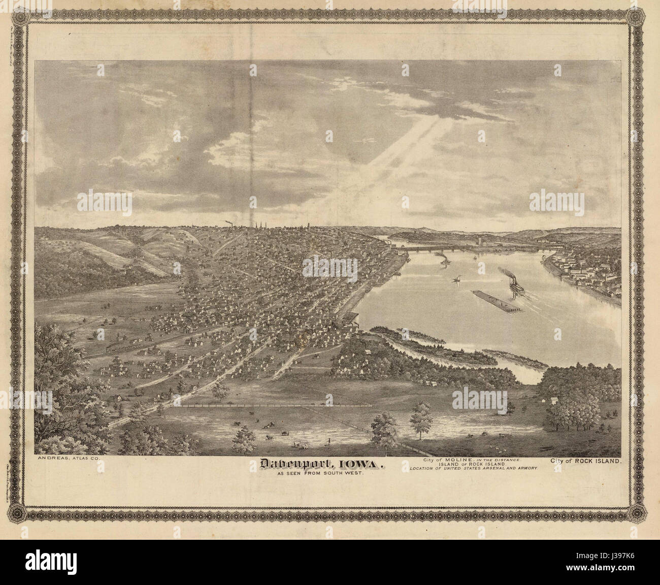 Una rappresentazione storica di Davenport, Iowa, nel 1875, che mostra le infrastrutture, l'architettura e il paesaggio della città durante la fine del XIX secolo. Foto Stock