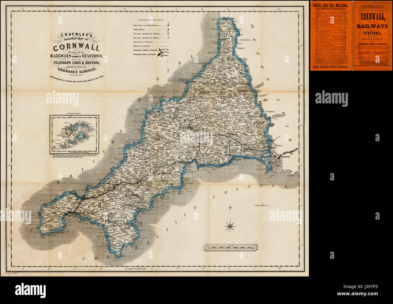 Cruchley's Railway Map of Cornwall è una mappa storica dettagliata del XIX secolo, che mostra la rete ferroviaria in Cornovaglia. Fornisce informazioni sullo sviluppo dei trasporti e sulla connettività regionale nell'Inghilterra vittoriana. Foto Stock
