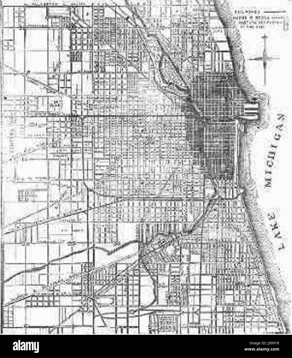 La mappa dell'incendio di Chicago è una rappresentazione storica che illustra la diffusione e l'impatto del grande incendio di Chicago del 1871. Mostra le aree colpite, i principali monumenti distrutti e i successivi sforzi per ricostruire la città. Questa mappa è uno strumento importante per comprendere la portata del disastro e i suoi effetti a lungo termine sullo sviluppo di Chicago. Foto Stock