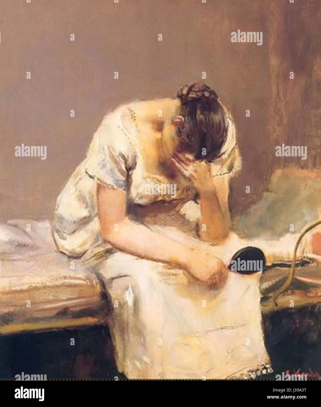 "Madelaine" di Christian Krohg, dipinta nel 1883, cattura il delicato ed emotivo ritratto di una donna. L'opera riflette l'abilità di Krohg nel ritrarre l'emozione umana e la sua padronanza nella ritrattistica realistica, specialmente nel raffigurare le donne durante la fine del XIX secolo. Foto Stock