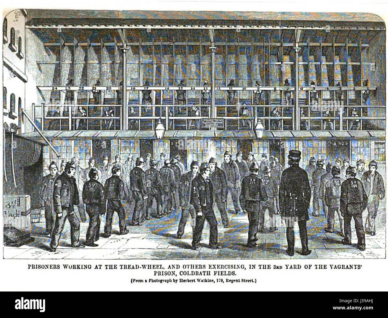 Questa immagine si riferisce a una rappresentazione storica del Coldbath Fields Treadmill, una forma di punizione e lavoro usata nelle prigioni britanniche del XIX secolo. Il tapis roulant era un noto strumento per il lavoro forzato, sottoponendo i prigionieri a fatica fisica come parte del sistema penale. Foto Stock