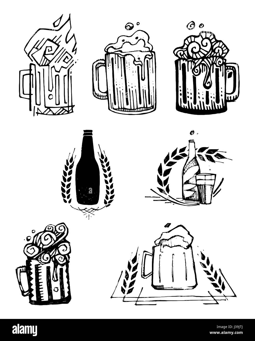 Disegnata a mano illustrazione vettoriale o di disegno di alcuni vasi di birra e bottiglie Foto Stock