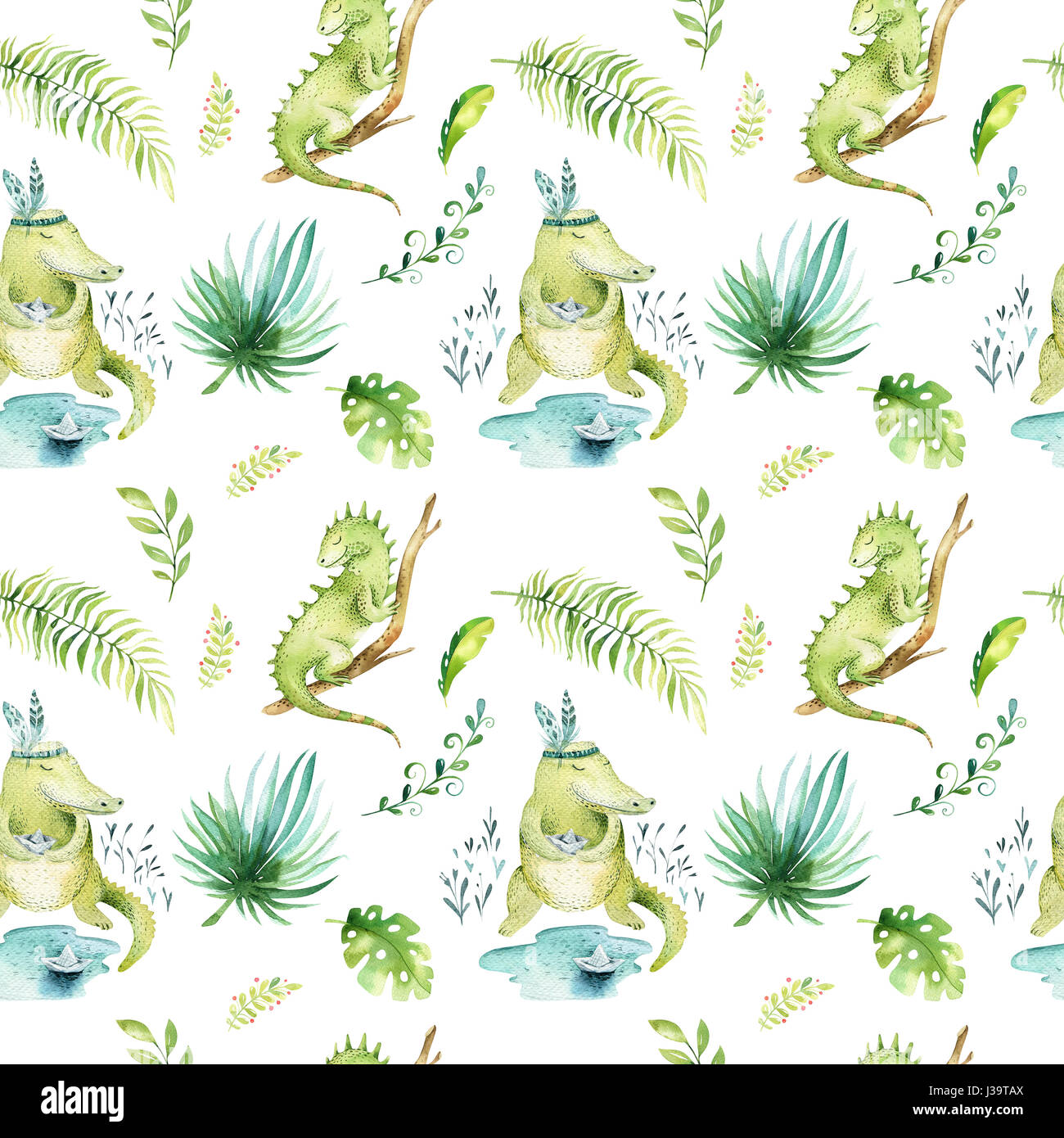 Baby animali isolati di vivaio seamless pattern. Acquerello boho tessuto tropicale di disegno, bambino disegno tropicale carino iguana, coccodrillo e Palm tree, alligatore tropic texture verde illustrazione Foto Stock