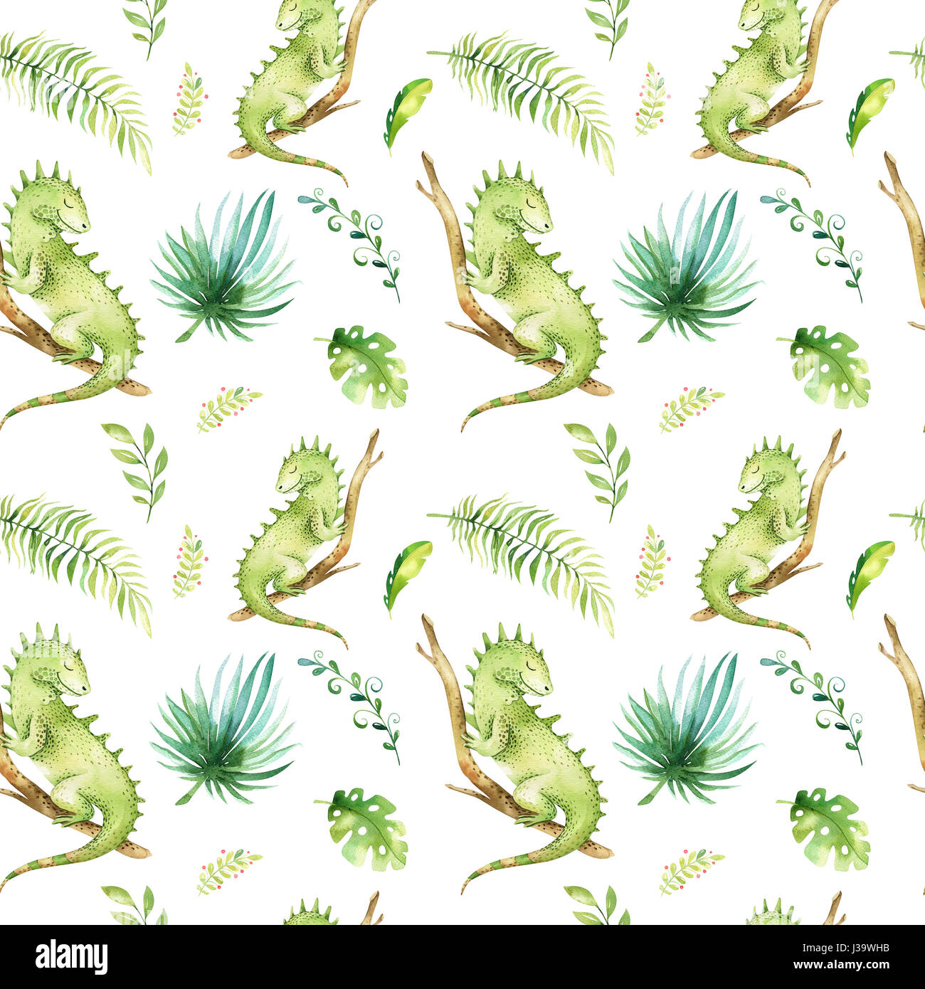 Baby animali isolati di vivaio seamless pattern. Acquerello boho tessuto tropicale di disegno, bambino disegno tropicale carino iguana e Palm tree, tropic texture verde Foto Stock