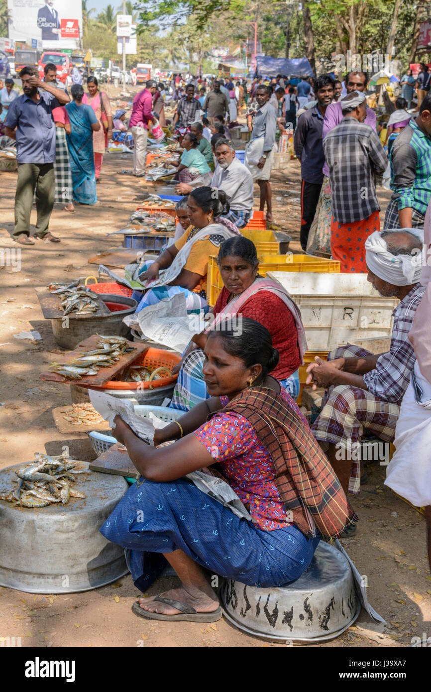 La gente del Kerala la vendita del pesce in una strada locale mercato del Kerala, India del Sud, Sud Asia Foto Stock