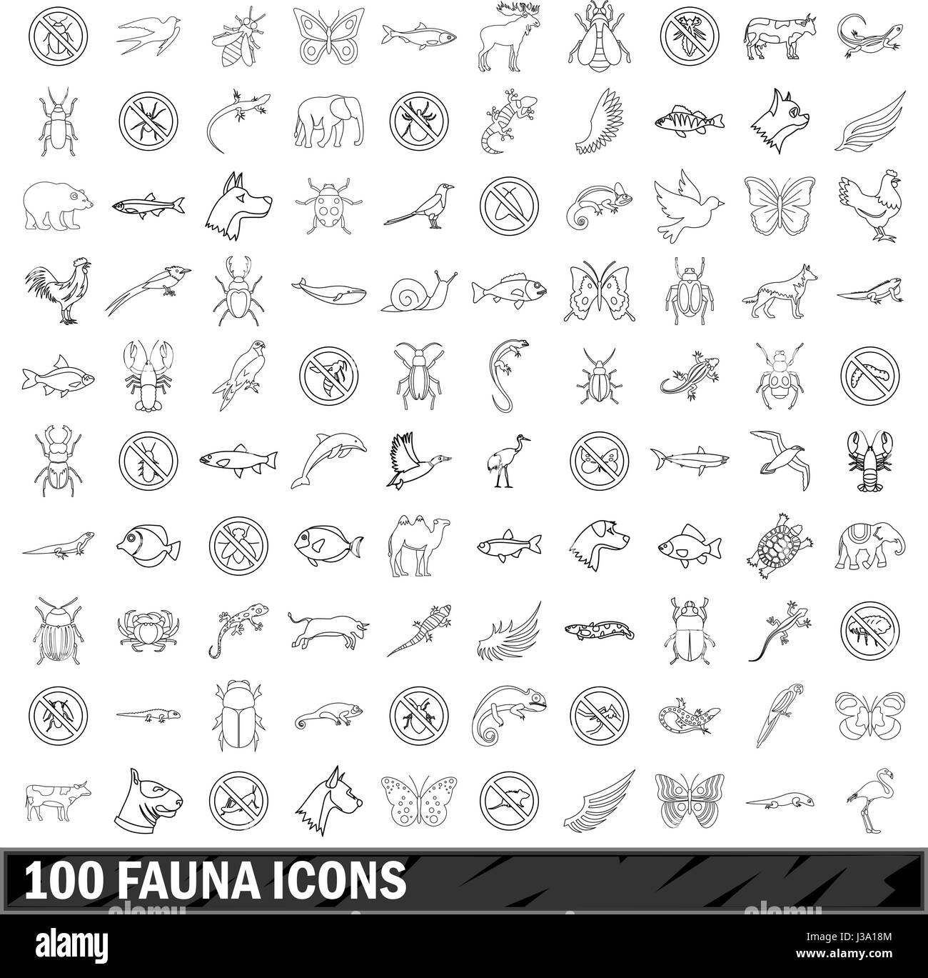 100 fauna set di icone di stile di contorno Illustrazione Vettoriale