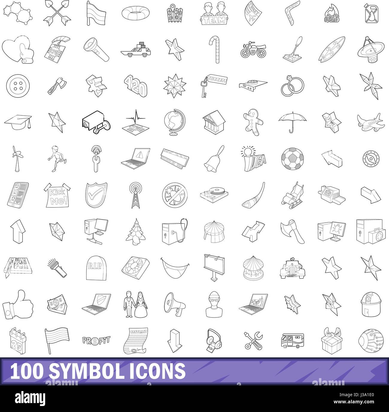 100 symbol set di icone di stile di contorno Illustrazione Vettoriale