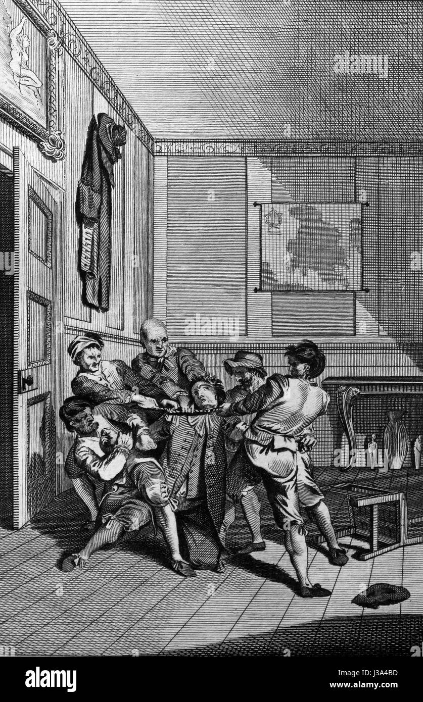 Un gentiluomo di Boemia dopo aver tutta la sua famiglia assassinati, strangolato da cinque ruffians per aiutare i protestanti. Incisione da c 1780 edizione di Th Foto Stock