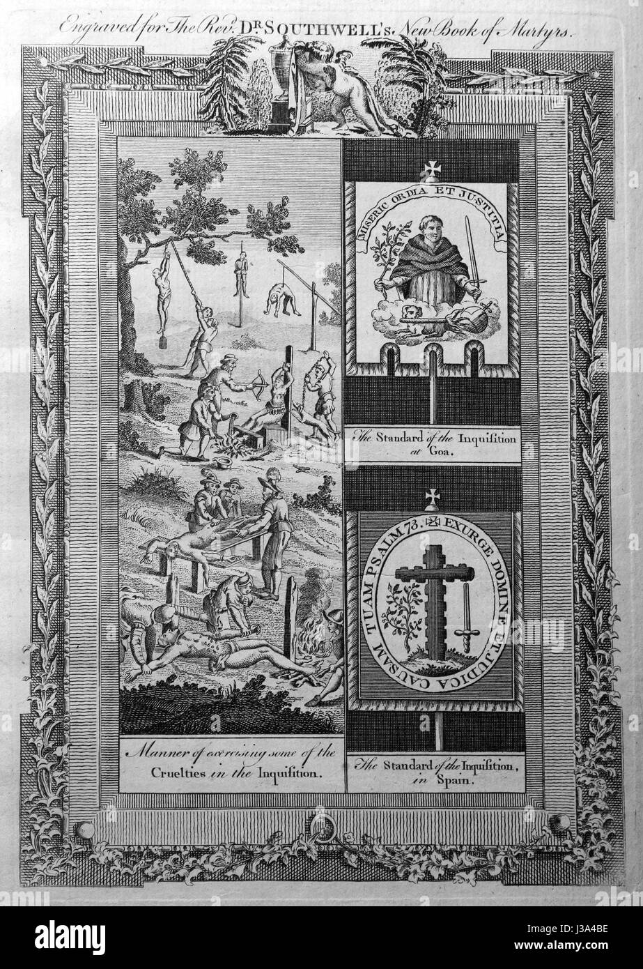 Incisione da c 1780 edizione del nuovo libro di martiri da Rev Dr Henry Southwell lld. Modo di esprimere alcune delle crudeltà nell'Inquisizione Foto Stock
