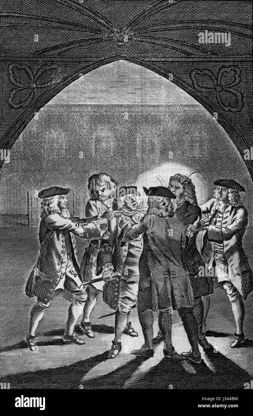 Sir Edmund Berry Godfrey zelante magistrato protestante strangolato da cinque Cattolici Romani assassini. Incisione da c 1780 edizione del nuovo libro di Foto Stock