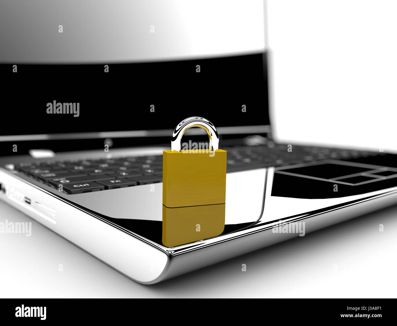 Un blocco d'oro su un computer portatile isolato su uno sfondo bianco: Online il concetto di sicurezza Foto Stock