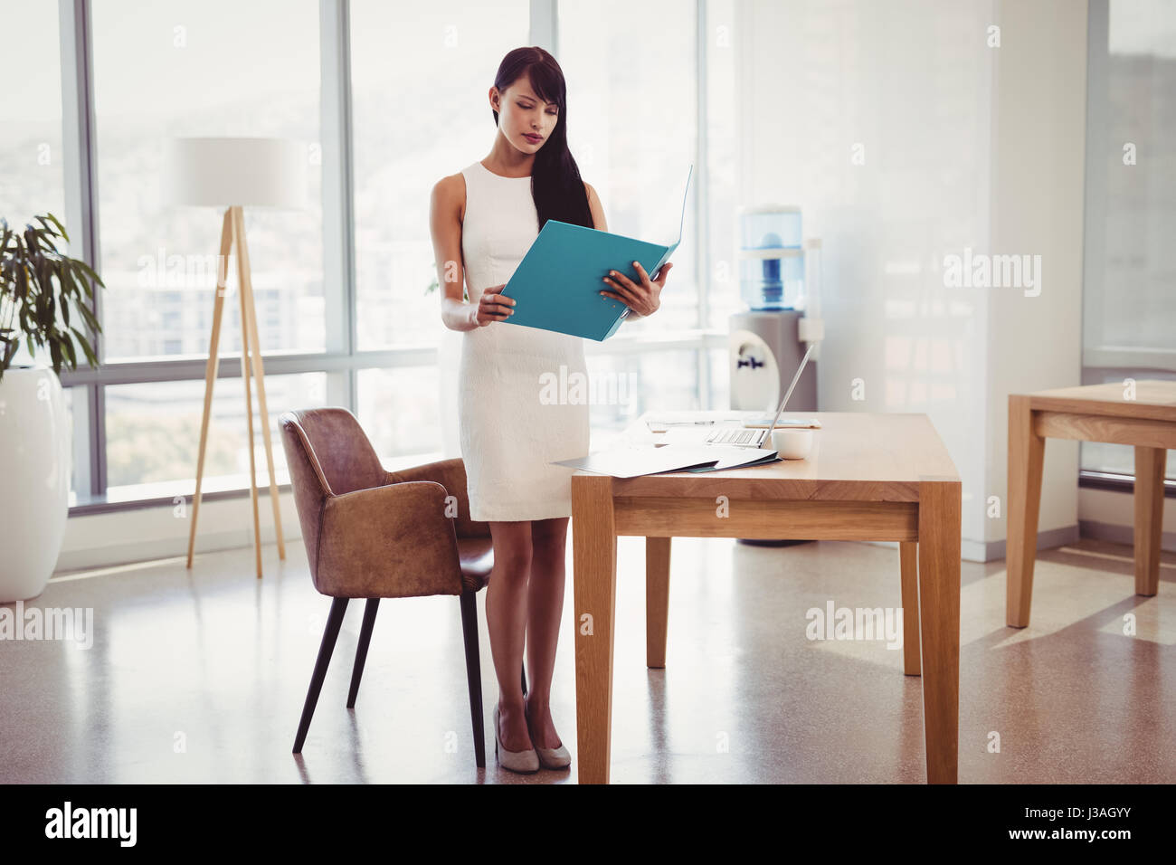 Executive attenta lettura del file alla scrivania in ufficio Foto Stock