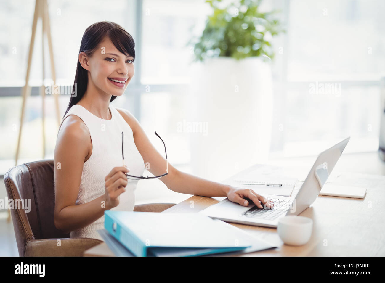 Ritratto di executive sorridente con notebook alla scrivania in ufficio Foto Stock