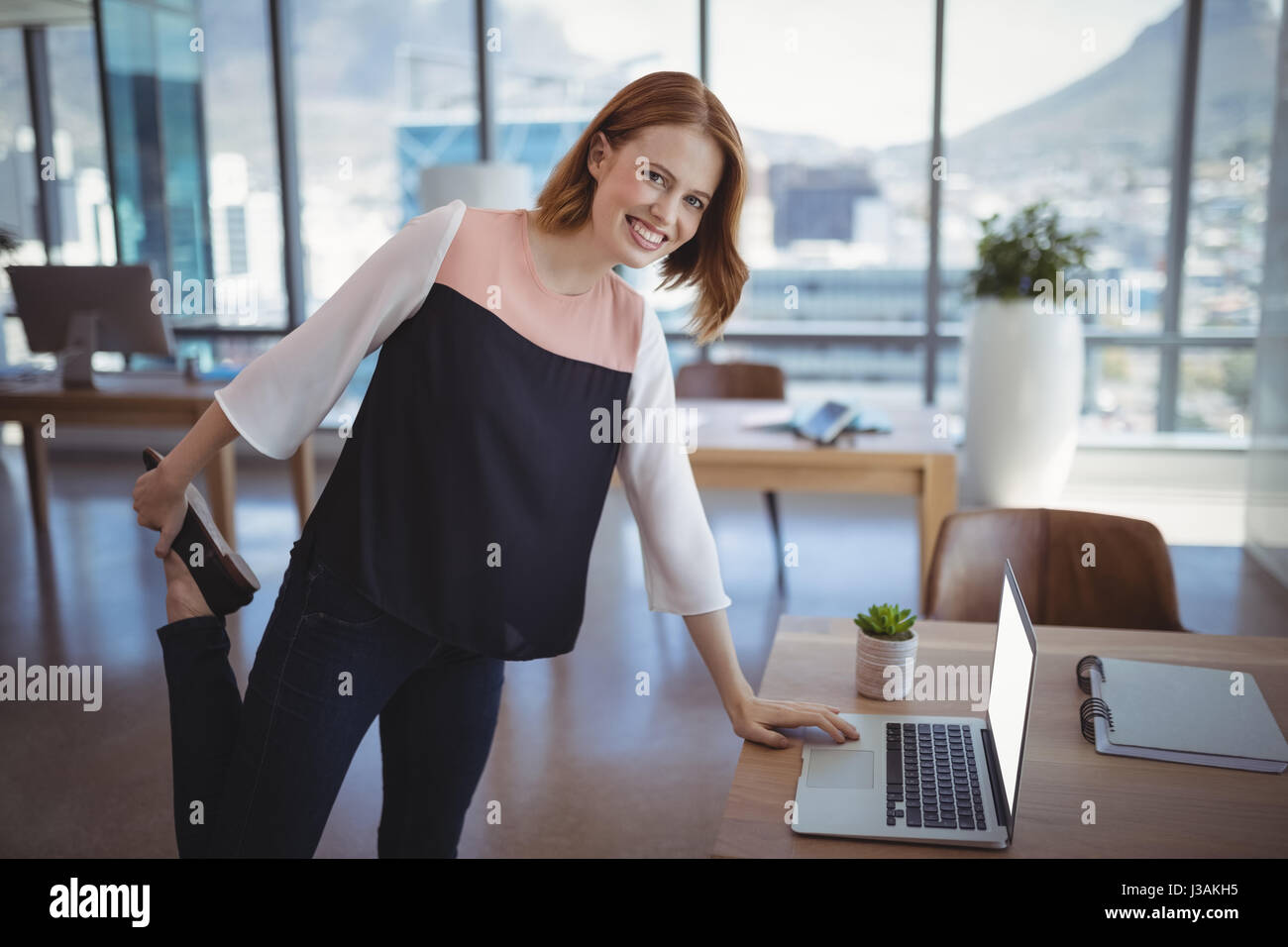 Ritratto di sorridere executive utilizzando computer portatile mentre si esercita in office Foto Stock