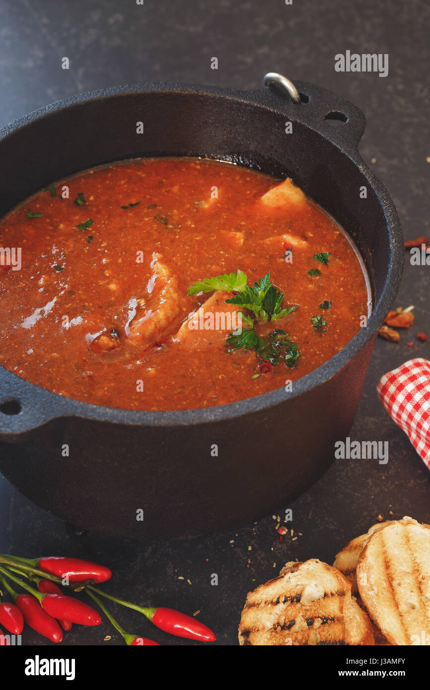 Pesce e stufato di pomodoro in ghisa pentola con grigliate le fette di pane sul tavolo rustico Macro messa a fuoco selettiva Foto Stock