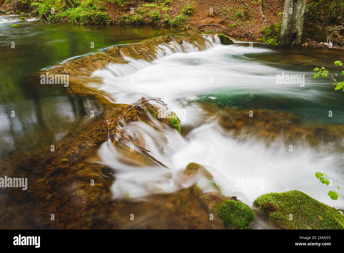 Fiume di montagna con rocce di muschio. Una lunga esposizione di White Water Rapids e onde con rocce e moss Foto Stock