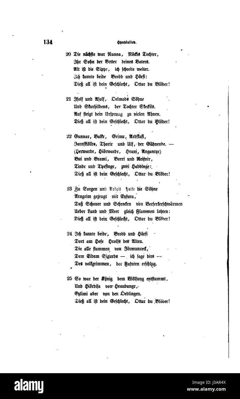 Una pagina di *Die Edda*, un antico manoscritto norreno contenente storie mitologiche e storiche. La pagina 142 fornisce informazioni sulle ricche tradizioni mitologiche del popolo norreno. Foto Stock