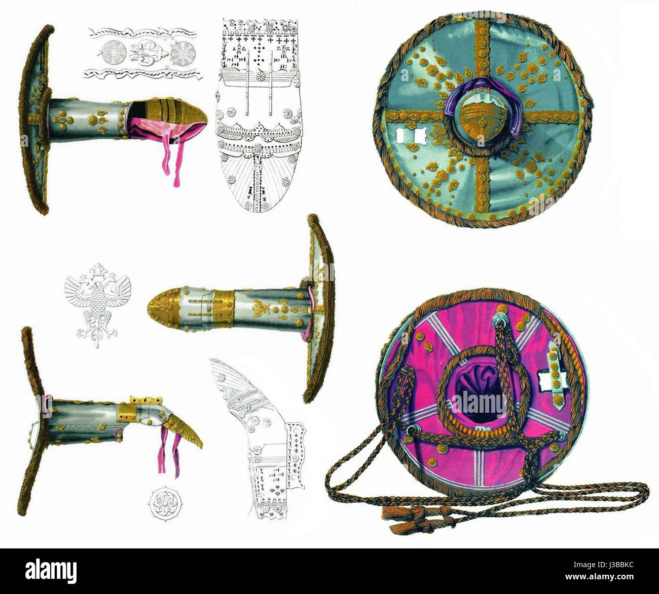 Un'illustrazione dal volume 3 di "Drevnosti RG", un'opera che documenta antichi manufatti e oggetti storici. L'illustrazione si concentra su oggetti del mondo antico, mostrando il loro significato culturale. Foto Stock