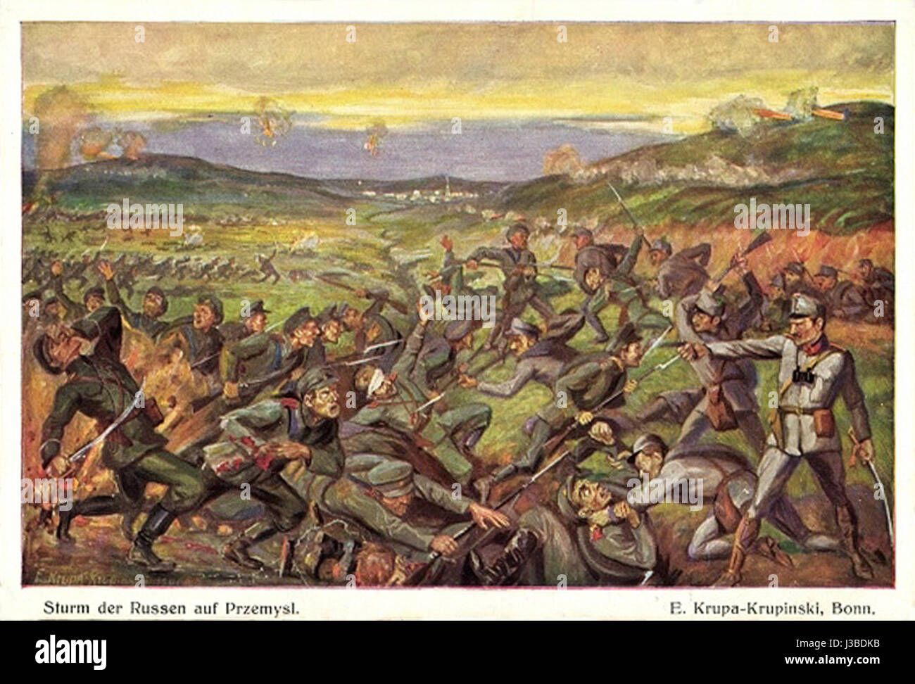 Questo dipinto, intitolato 'Sturm der Russen auf Przemysl 1915' di Emil Krupa Krupinski, raffigura l'assedio di Przemysl del 1915, un evento significativo durante la prima guerra mondiale. Il dipinto cattura l'intensità e la lotta della battaglia, riflettendo i momenti drammatici della guerra sul fronte orientale. Foto Stock