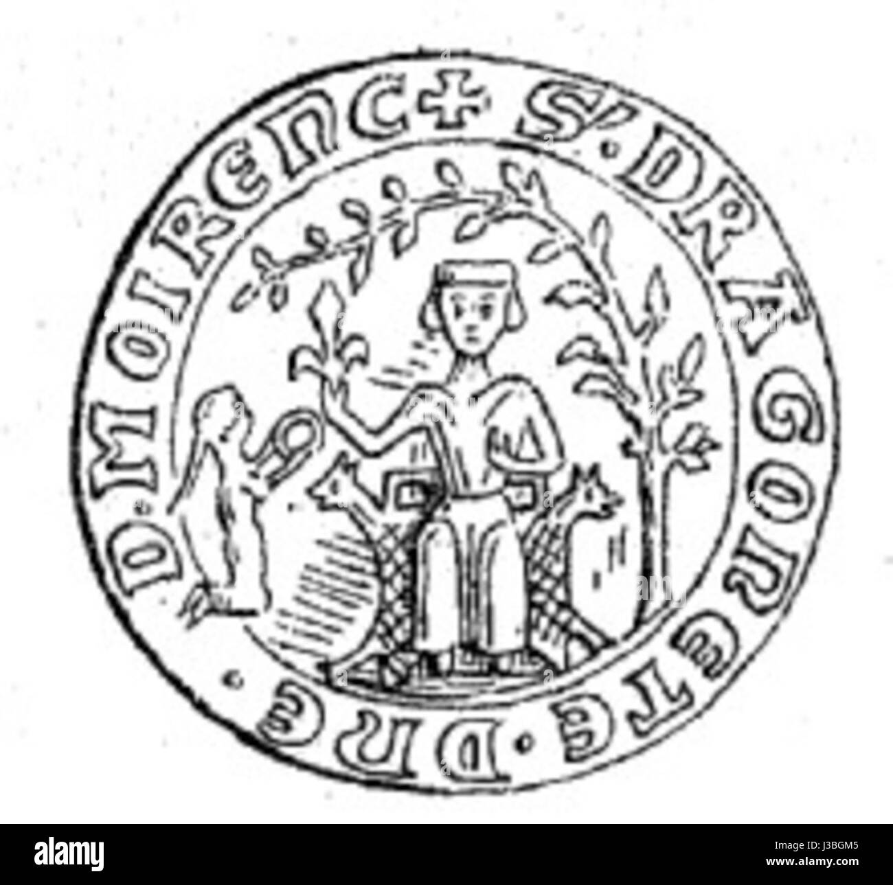La "Dragonette de Moirans" del 1250 è un manoscritto o un'opera d'arte storica, che probabilmente raffigura un drago o o un simbolo araldico associato alla famiglia Moirans, che offre approfondimenti sull'arte medievale europea o sul simbolismo. Foto Stock