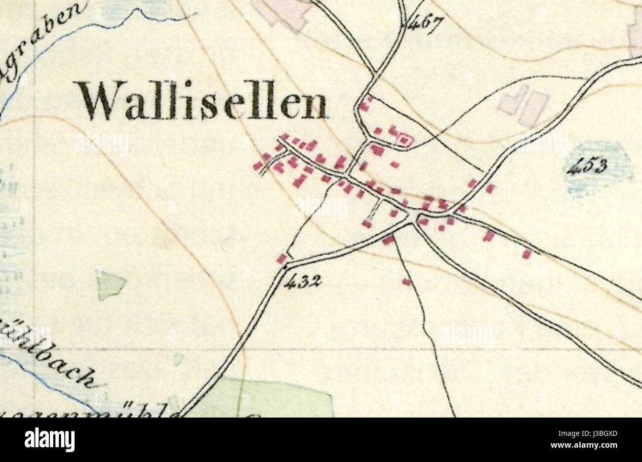 La Dufourkarte è una mappa storica della Svizzera, creata da Guillaume-Henri Dufour. Wallisellen, un comune del Canton Zurigo, è presente in questa mappa, che mostra i suoi dettagli geografici e topografici nel contesto del più ampio paesaggio svizzero. Foto Stock